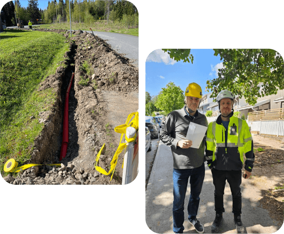 Maahan kaivettu punainen valokuitukaapeli ja Valoon työntekijät kuvassa.