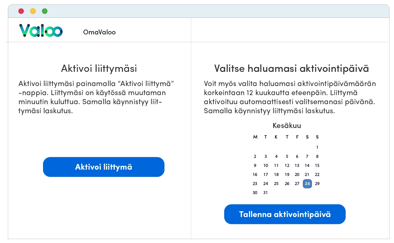 Esimerkkisivu - aktivointisivun kalenterinäkymä