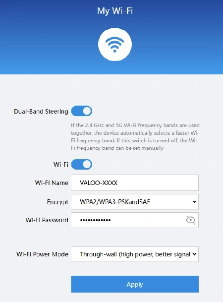 Kuvakaappaus salasanan vaihtosivust - Valoo WiFi 7