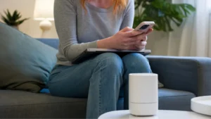 nainen istuu sohvalla puhelin kädessä ja edessään wifi-reititin